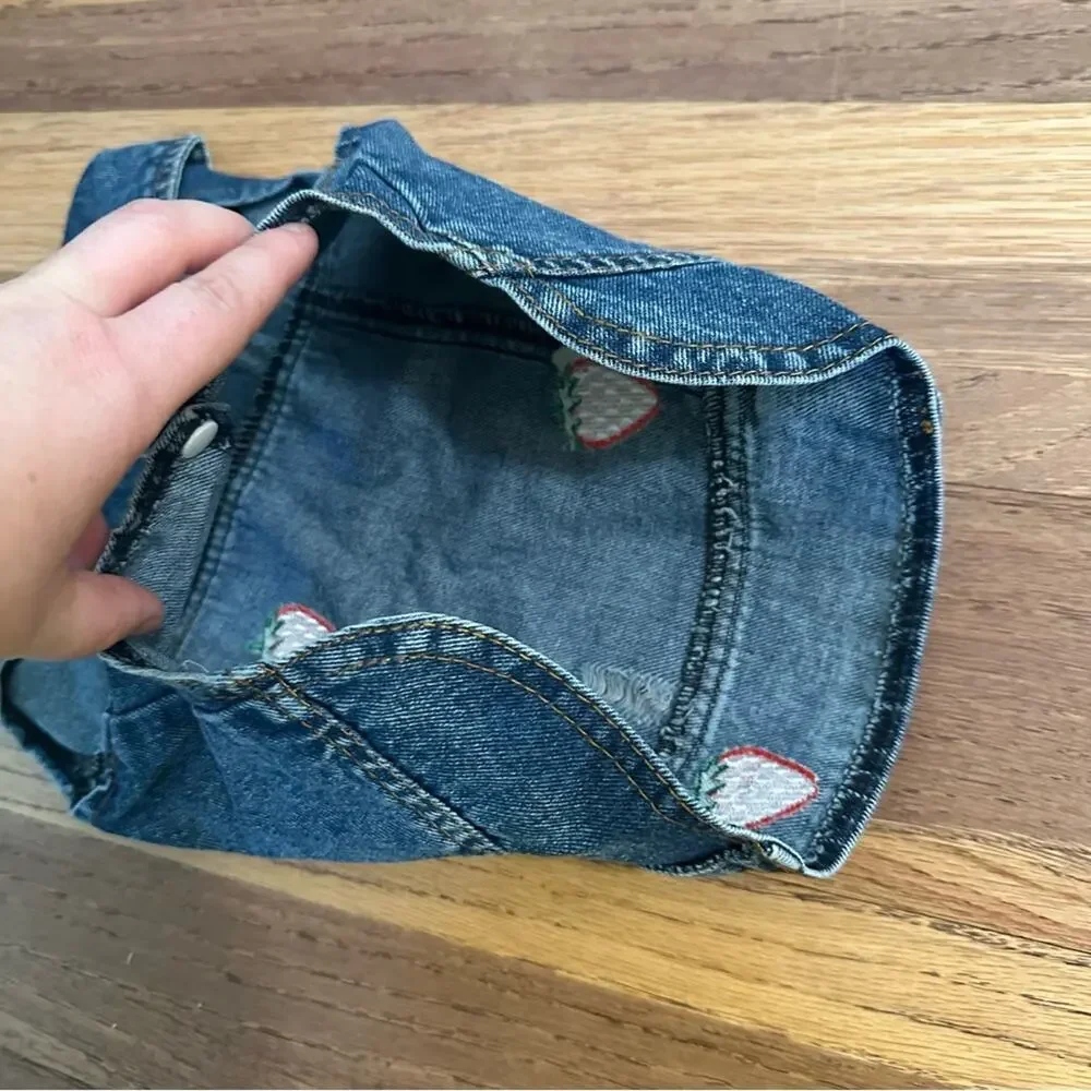 Dog Denim Jacket, Embroidered Strawberries,‎ Distressing, Pet, Snap Buttons, XL